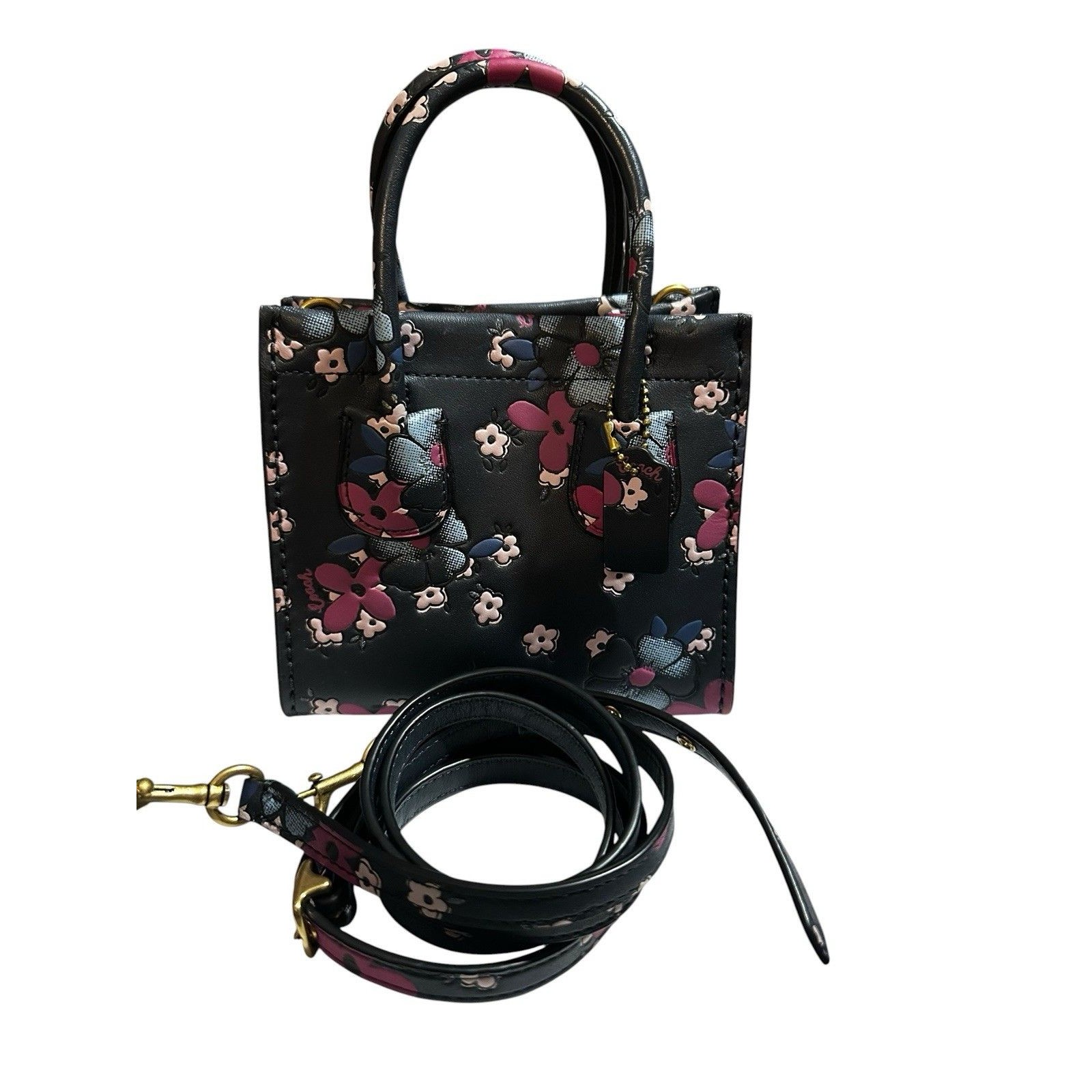 Coach Cashin Carry Mini Tote 14 Navy Blue Leather Blocked Floral Print Nwt